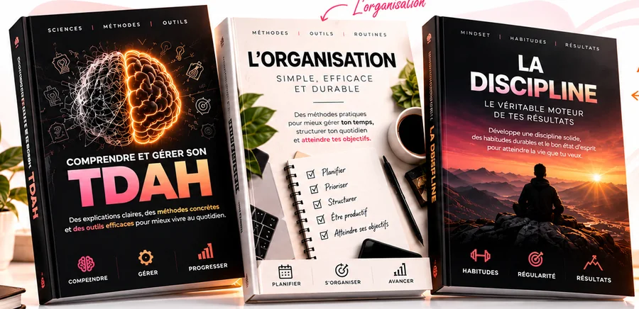 Les 3 e-books : Comprendre et gérer son TDAH, L'Organisation, La Discipline